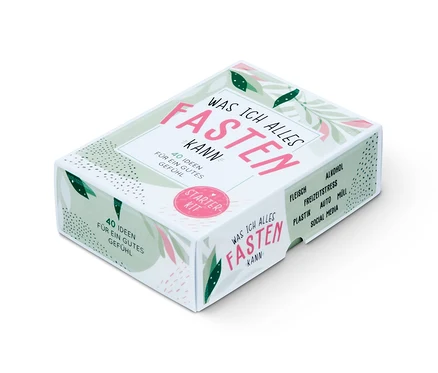 Une boîte blanche du kit de démarrage Fasten : «
bspWas ich alles fasten kann
bsp» avec une inscription rose.