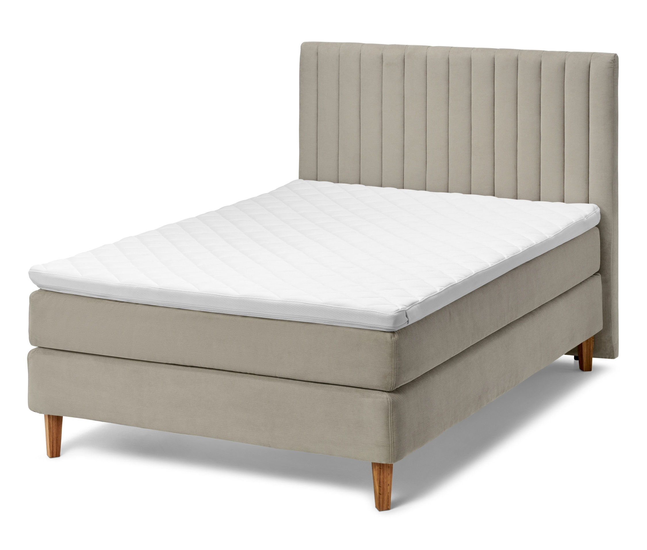 Un lit à sommier tapissier beige avec tête de lit et un matelas blanc.