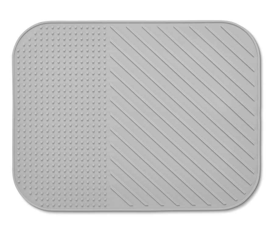 Tapis égouttoir à vaisselle en silicone gris texturé.