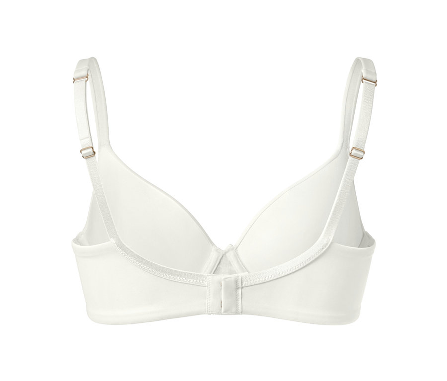 Vue détaillée de l'arrière d'un soutien-gorge à coques à mémoire de forme blanc.
