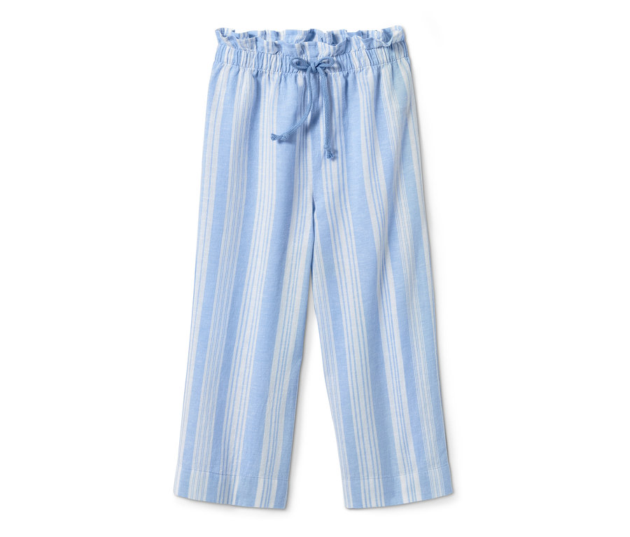 Une jupe-culotte tissée rayée bleu et blanc avec une taille élastique.