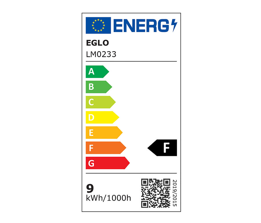 Étiquette énergétique EGLO LM0233 avec classe d'efficacité énergétique F et consommation de 9 kWh/1000h.