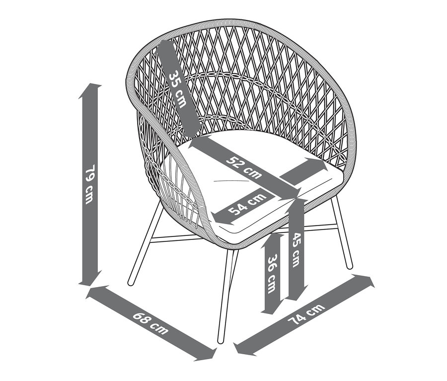 Dimensions du fauteuil de jardin « Boho » avec tressage en polyrotin.