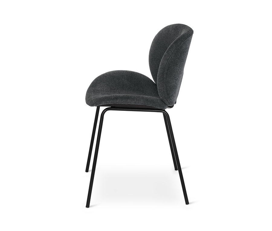Chaise design rembourrée gris foncé vue de profil.