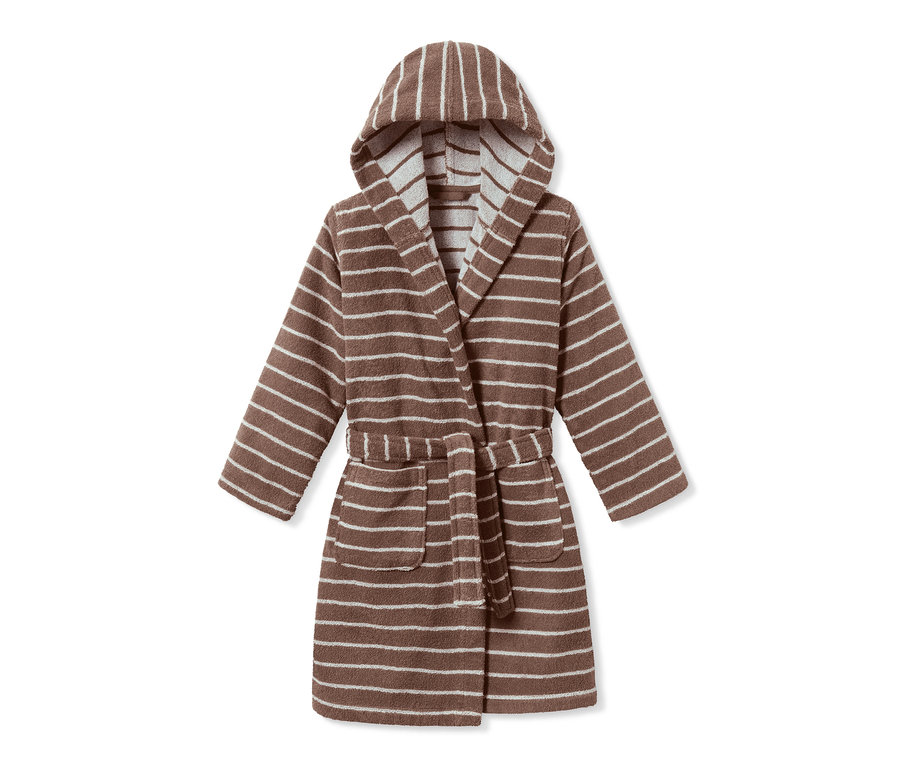 Peignoir enfant rayé marron et blanc avec capuche et ceinture.