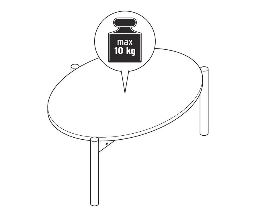 Dessin en noir et blanc d'une table ovale avec des pieds ronds et une légende indiquant un poids maximal de 10 kg. Table basse.