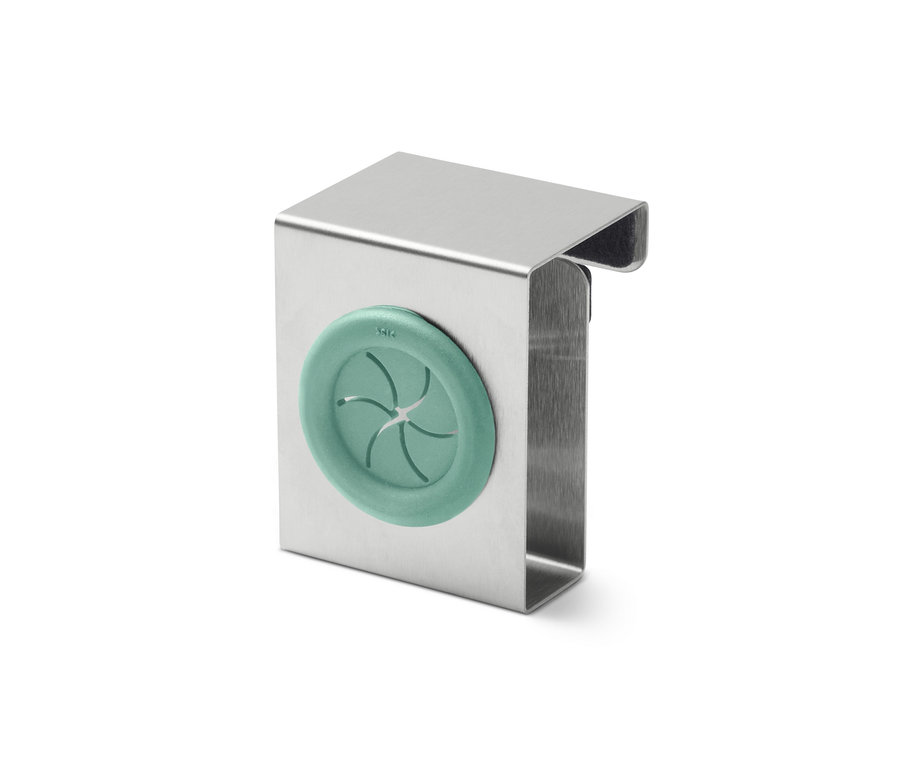 Un porte-torchon de cuisine en acier inoxydable avec une fixation en silicone turquoise.