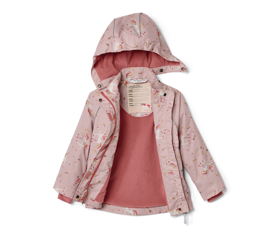 Veste de pluie thermique pour enfant, rose, avec capuche et imprimé de licornes et d'étoiles.