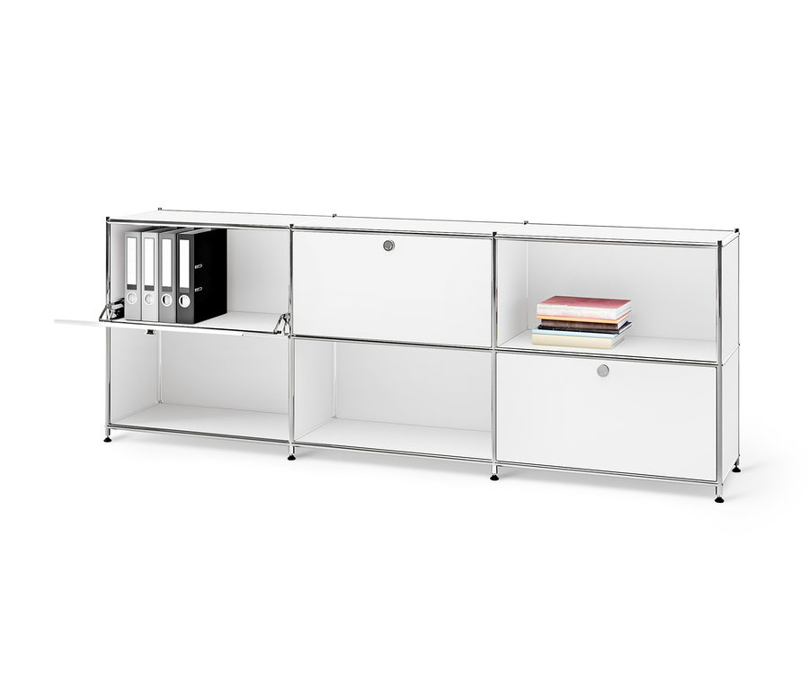 Buffet en métal « CN3 » blanc à 3 abattants amovibles, avec compartiment ouvert avec dossiers et livres.