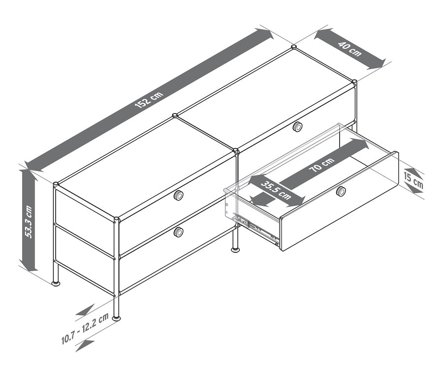 Illustration d'un meuble bas en métal « CN3 » avec 4 tiroirs, dont un tiroir est sorti et les dimensions sont indiquées.