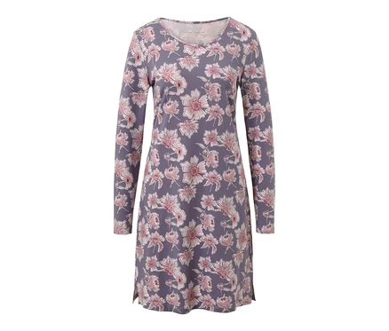 Chemise de nuit violette à manches longues avec motif floral.
