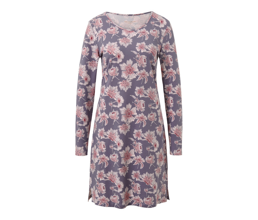 Chemise de nuit violette à manches longues avec motif floral.
