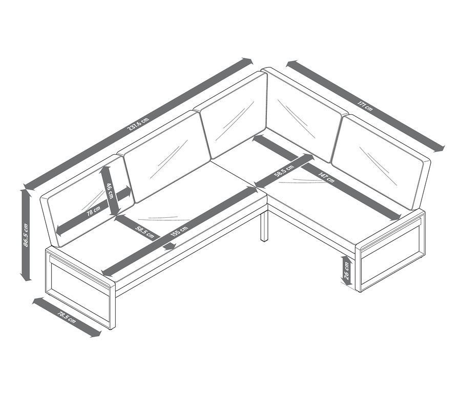 Dimensions du coin dining-lounge « Elin » avec coussins premium confortables.