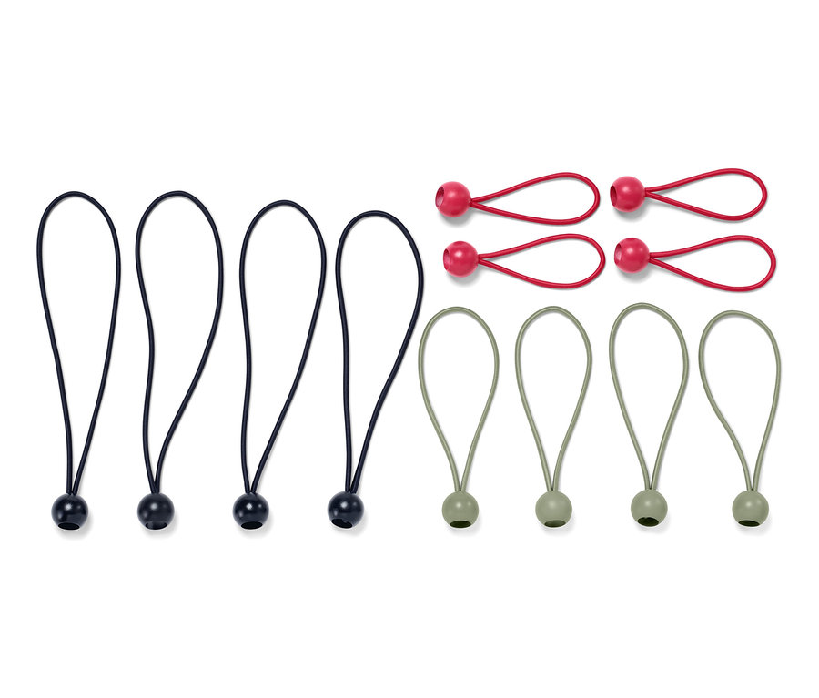 Douze tendeurs en caoutchouc avec boule en noir, rouge et vert.