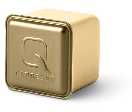 Boîte de capsules Qbo Flavoured Espresso Vanilla dorée.
