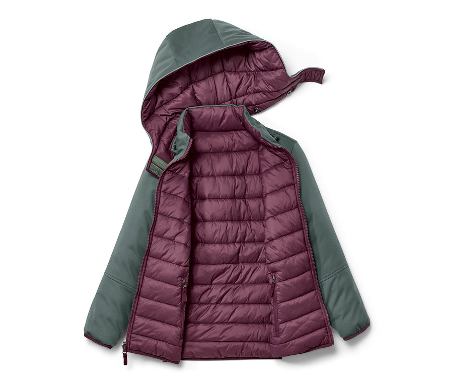 Veste matelassée et softshell 2 en 1 ouverte pour enfant en vert-gris et violet.