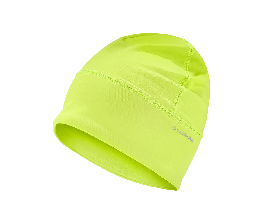 Détail d'un bonnet technique thermique vert fluo.
