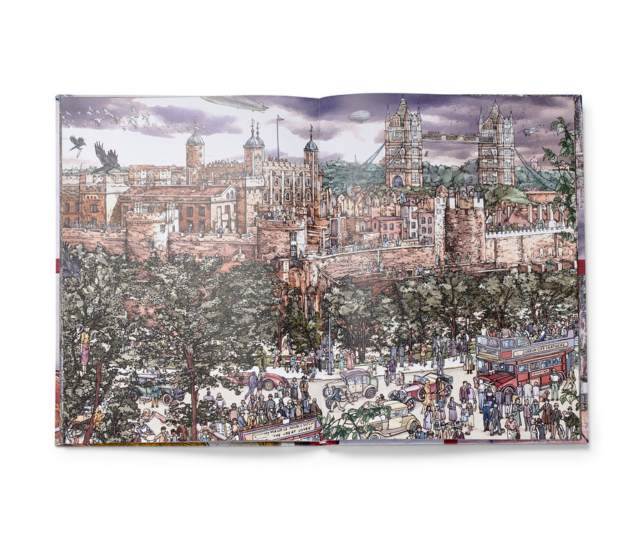 Une illustration du livre « Micro Crimes – das Krimi-Suchbuch » représente un paysage urbain avec beaucoup de personnes, de voitures et de bâtiments.