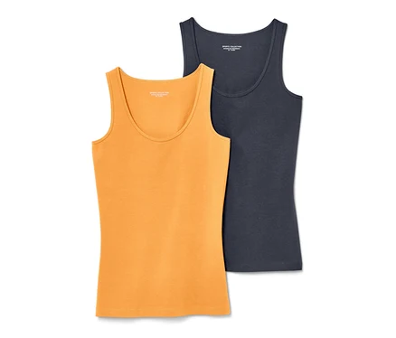 Deux hauts, un orange et un bleu foncé.