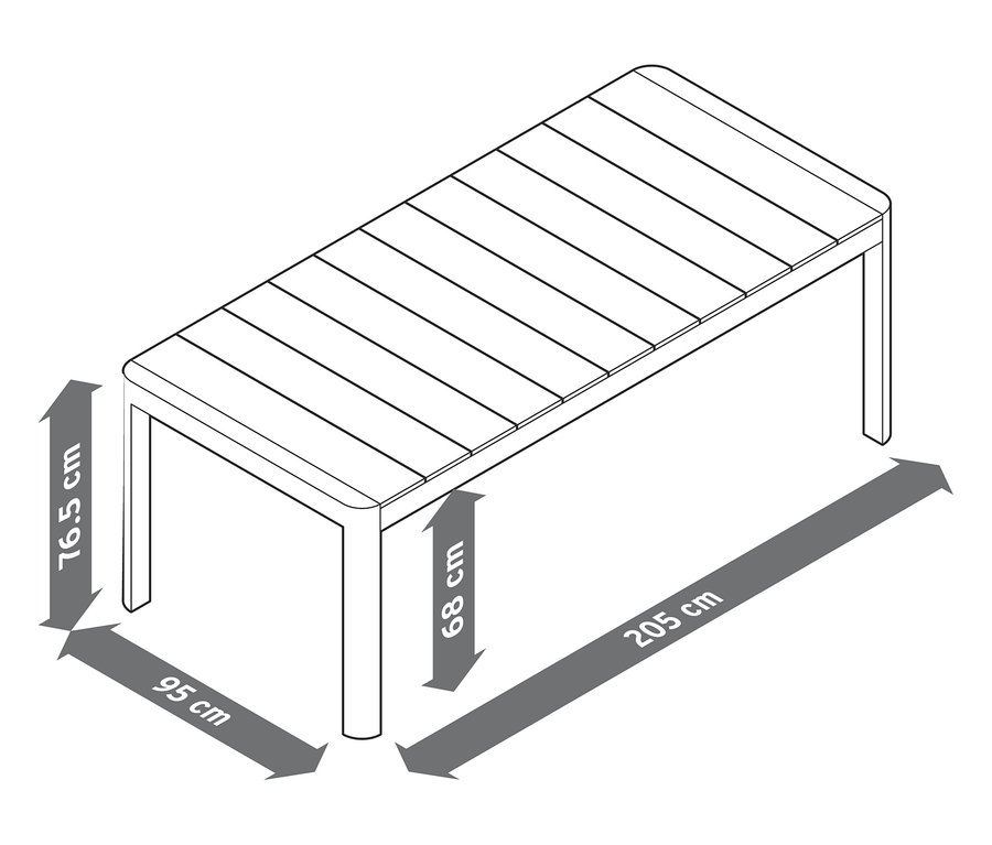 Dessin d'une table à rallonge avec plateau en polywood et les dimensions indiquées.