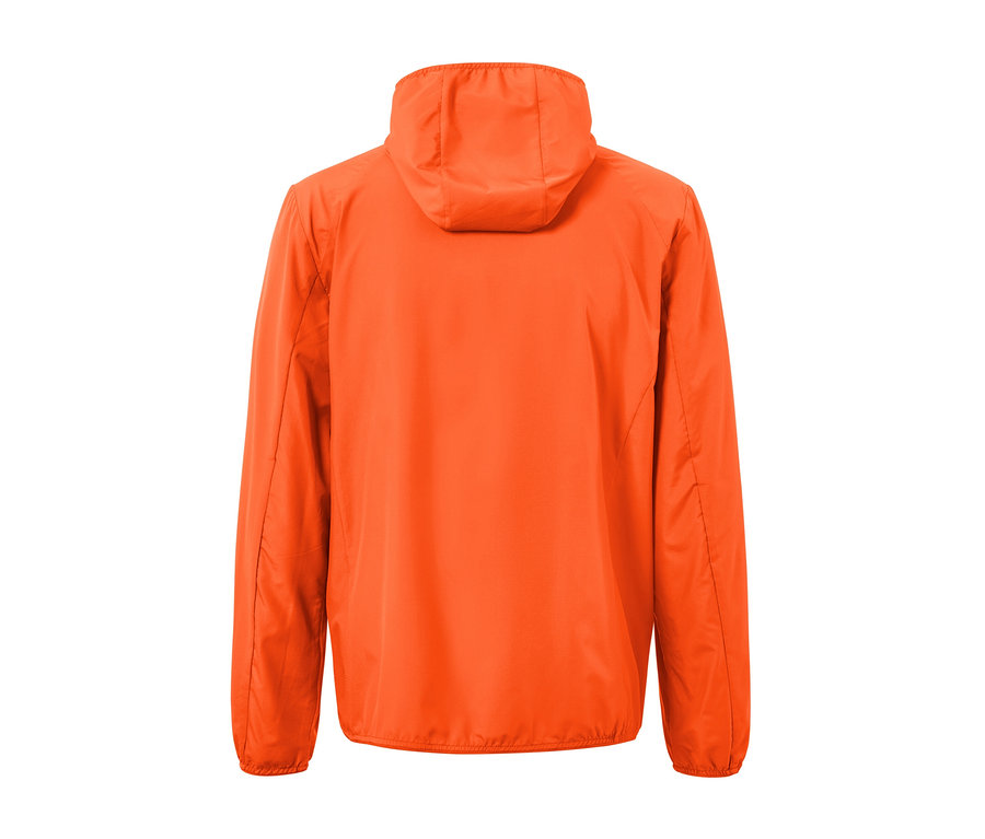 Vue arrière de la veste technique légère orange « packable ».