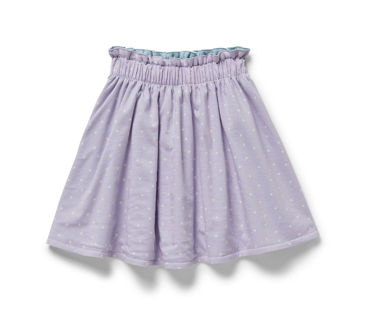 Une jupe réversible denim pour enfants violette à pois blancs.