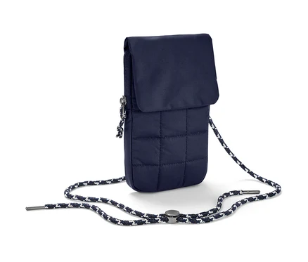 Une pochette isolante bleu foncé pour smartphone avec une bandoulière.