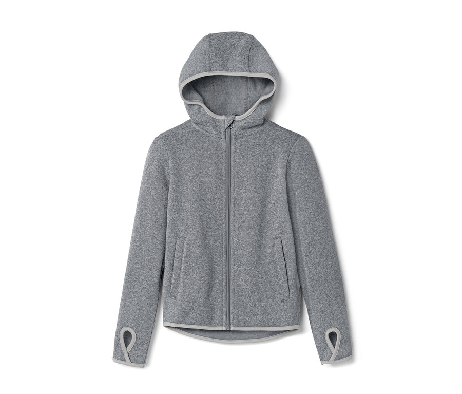 Veste en maille polaire grise pour enfant avec capuche et fermeture éclair.