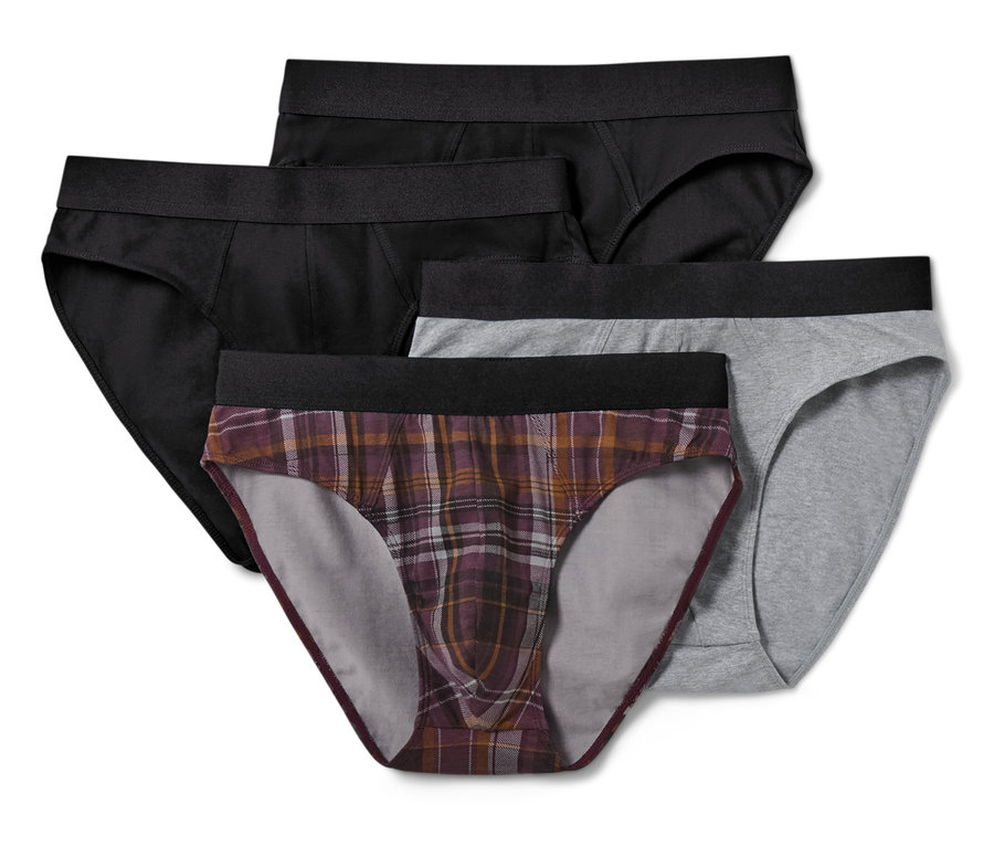 Quatre slips pour hommes : deux noirs, un gris et un à carreaux.