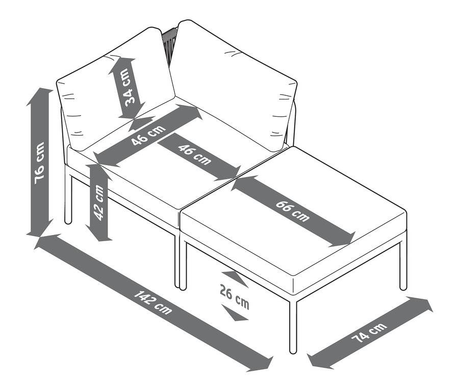 Dimensions de la lounge modulaire avec tressage textile.