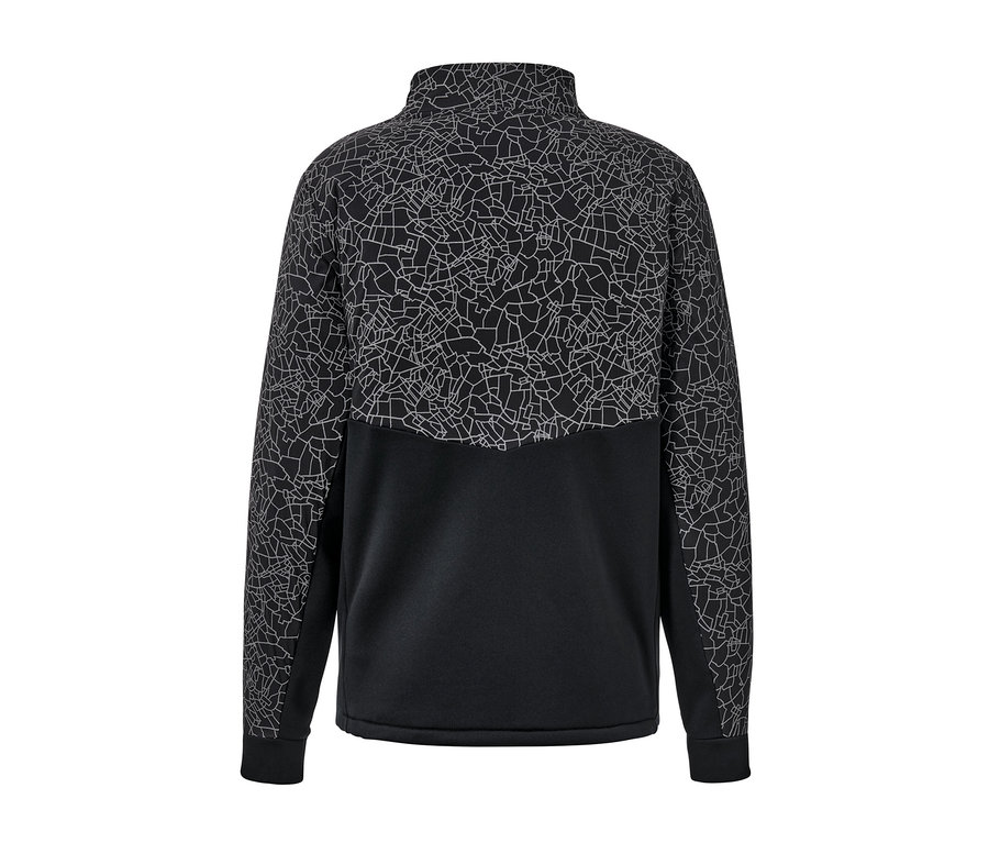 Veste thermique noire à motif géométrique.