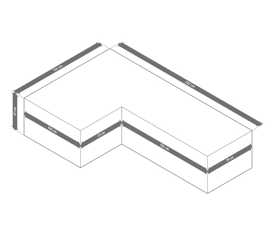 Schéma d'une housse premium pour meubles d’angle lounge de grande taille, avec les dimensions indiquées.