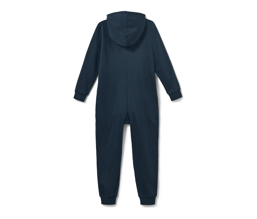Combinaison d’intérieur pour enfant bleu foncé avec capuche, vue de dos.