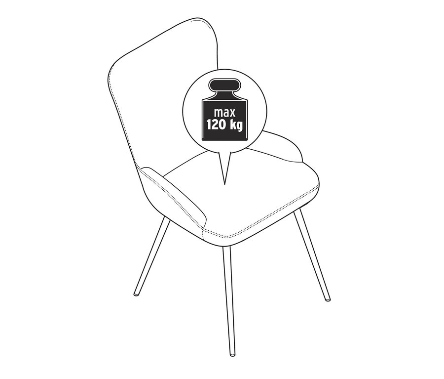 Illustration d'une chaise rembourrée anthracite avec une infographie du poids maximum de 120 kg.