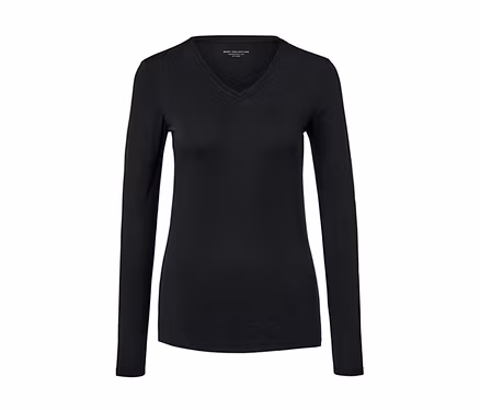 T-shirt thermique noir à manches longues avec encolure en V et bordure en dentelle.