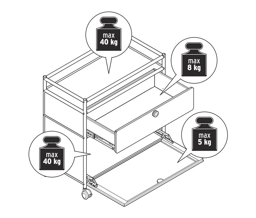 Illustration d'une commode métallique « CN3 » avec 1 tiroir, 1 compartiment à abattant et contour.