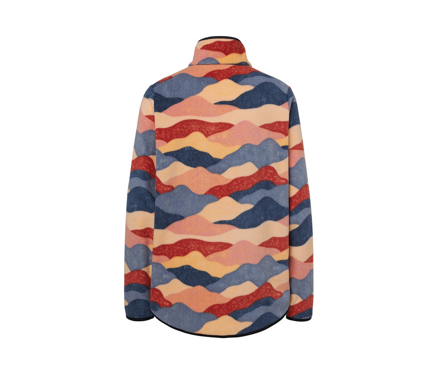 Vue arrière d'un pull en polaire avec un motif de montagne coloré.