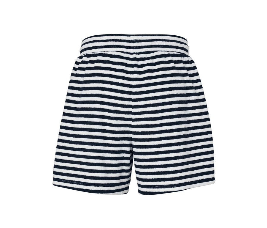 Short en tissu éponge rayé bleu et blanc.