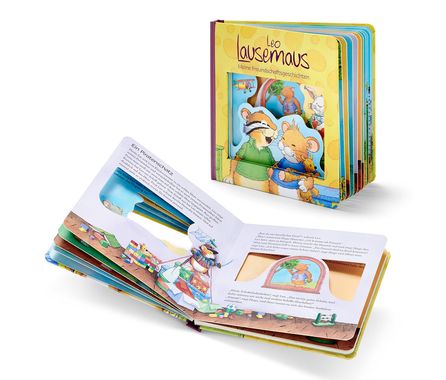 Le livre « Leo Lausemaus – meine Freundschaftsgeschichten » est ouvert et montre des illustrations.