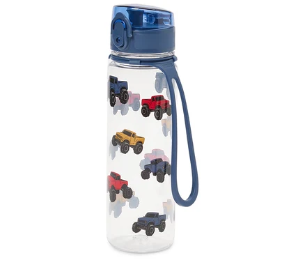 Gourde bleue avec des motifs de voitures.
