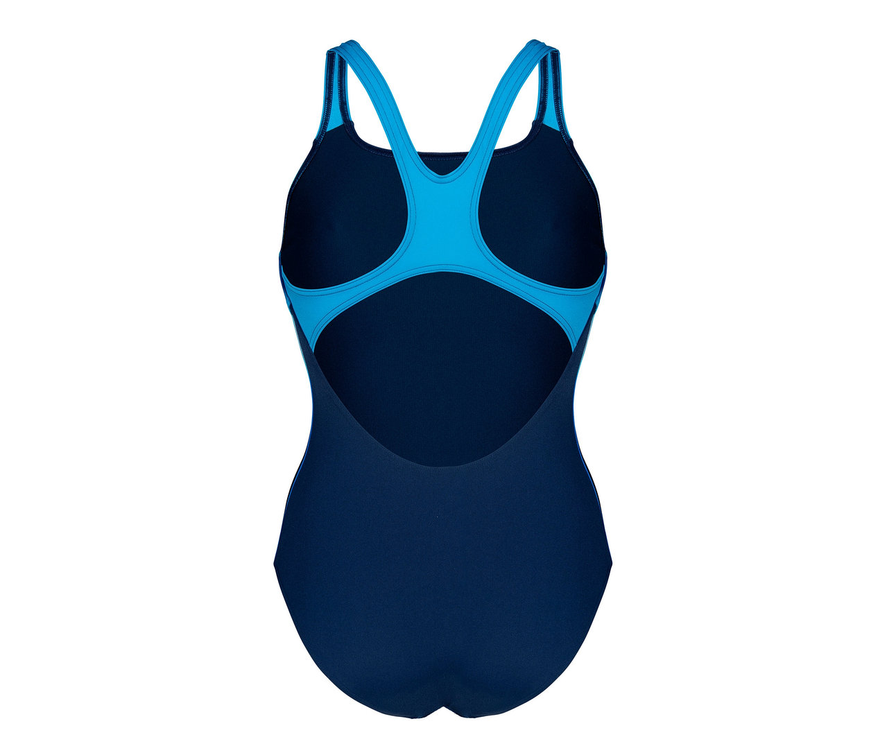 Vue détaillée de l'arrière du maillot de bain pour femme deux pièces Performance Swim Pro Back arena en bleu et turquoise.