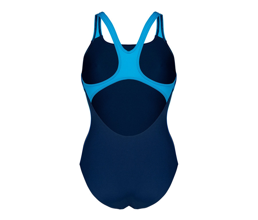 Vue détaillée de l'arrière du maillot de bain pour femme deux pièces Performance Swim Pro Back arena en bleu et turquoise.
