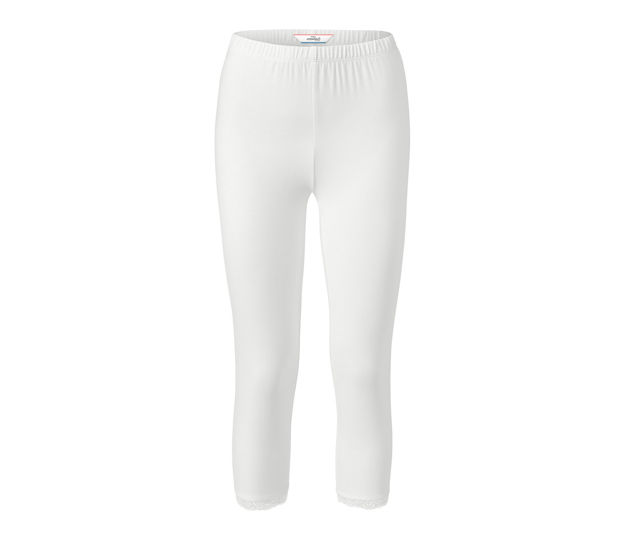Legging court blanc avec bordure en dentelle.