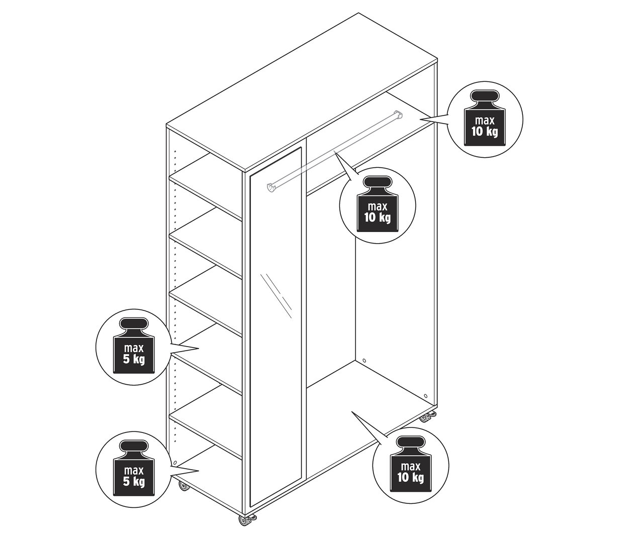Schéma d'une garde-robe mobile avec miroir, avec des étagères à gauche et une tringle à vêtements à droite.
