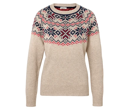Un pull beige avec un motif de Noël.