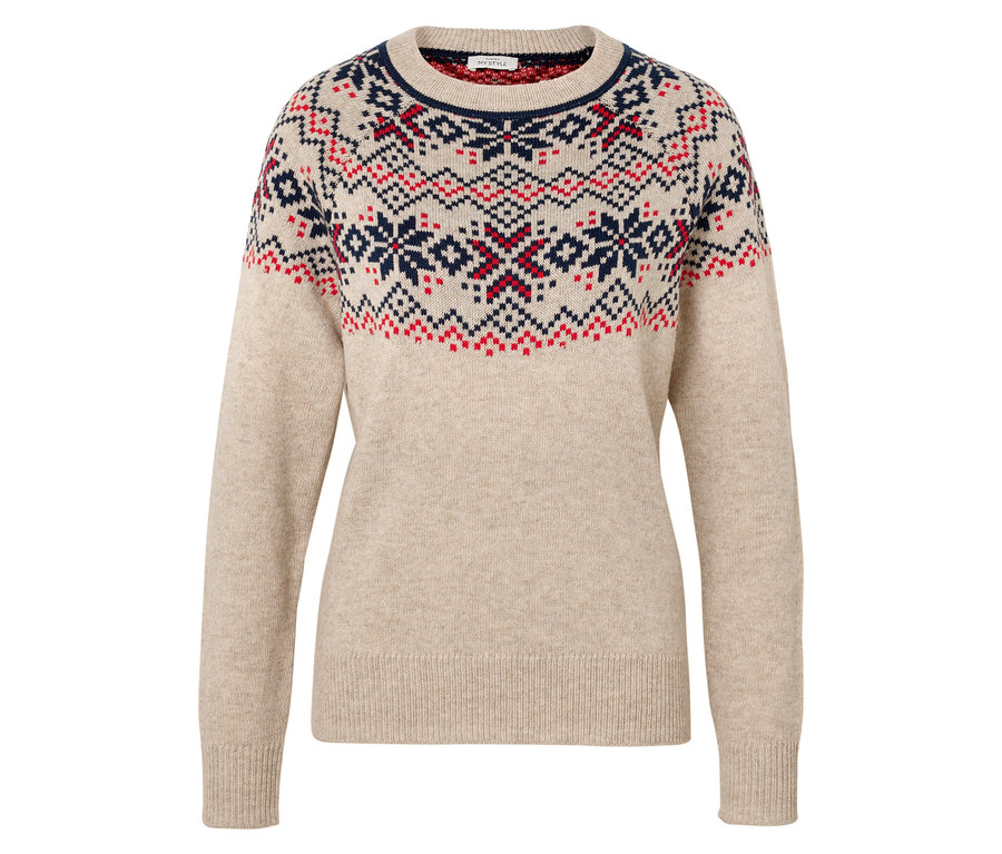 Un pull beige avec un motif de Noël.
