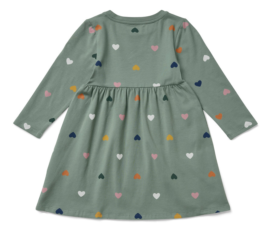 Robe verte à manches longues avec un motif de coeurs colorés.
