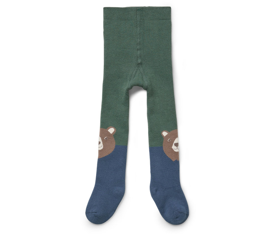 Collant vert pour enfant avec une tête d'ours sur les pieds.