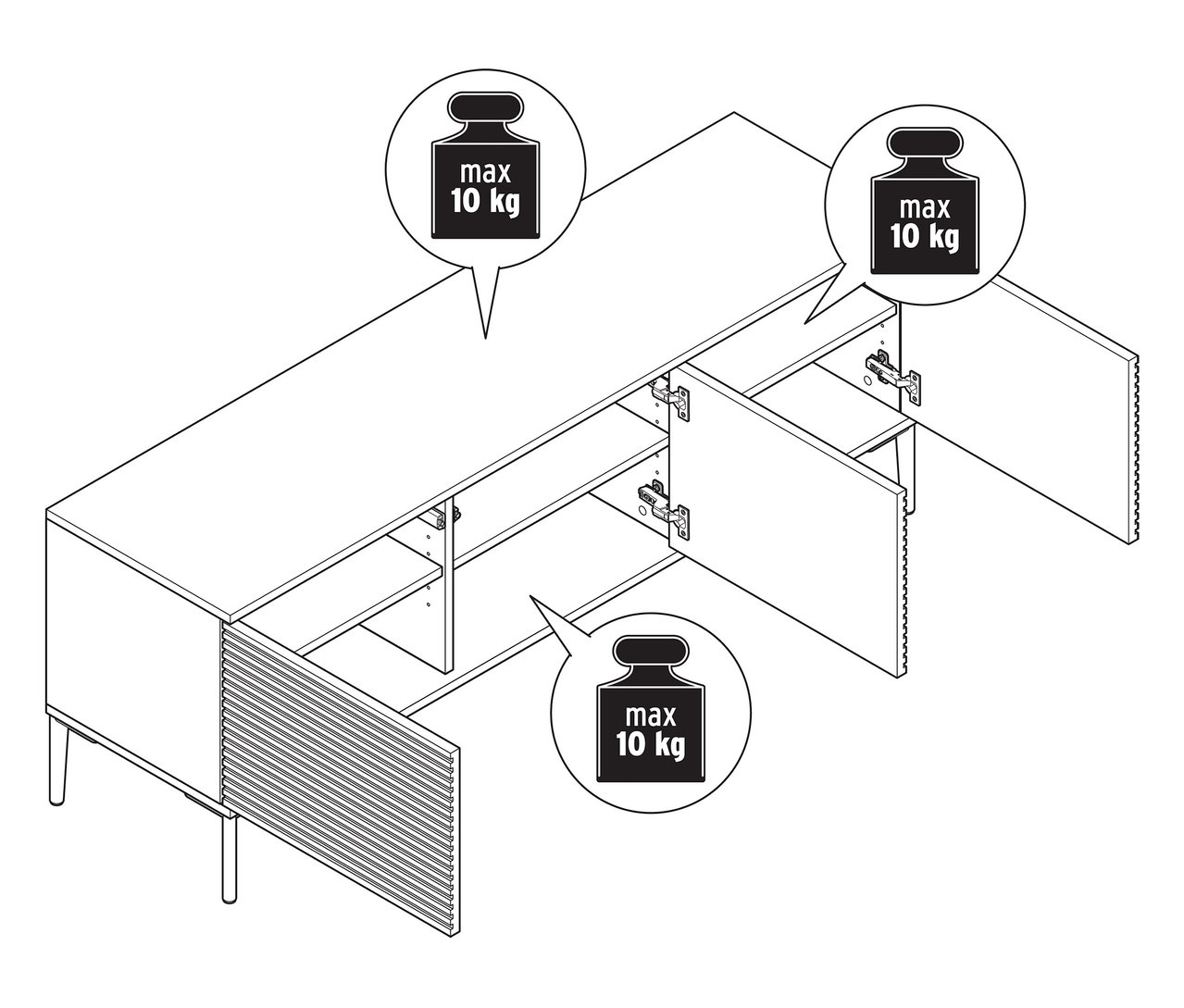 Schéma d'un meuble TV blanc avec un aspect à lamelles et des portes ouvertes. Charge maximale de 10 kg.