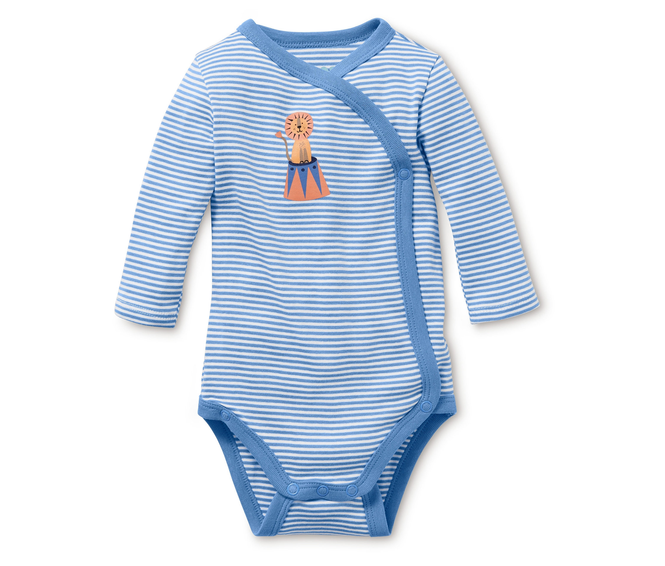 Body rayé bleu et blanc à manches longues avec un appliqué de lion.